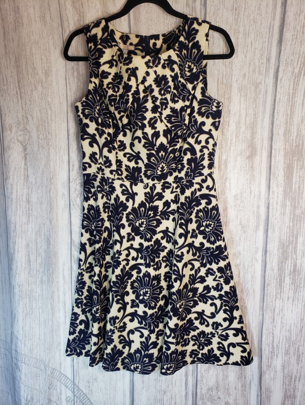 Signature Darby Navy & Cream Damask Floral Sleeveless Fit-and-Flare Dress 10 C52